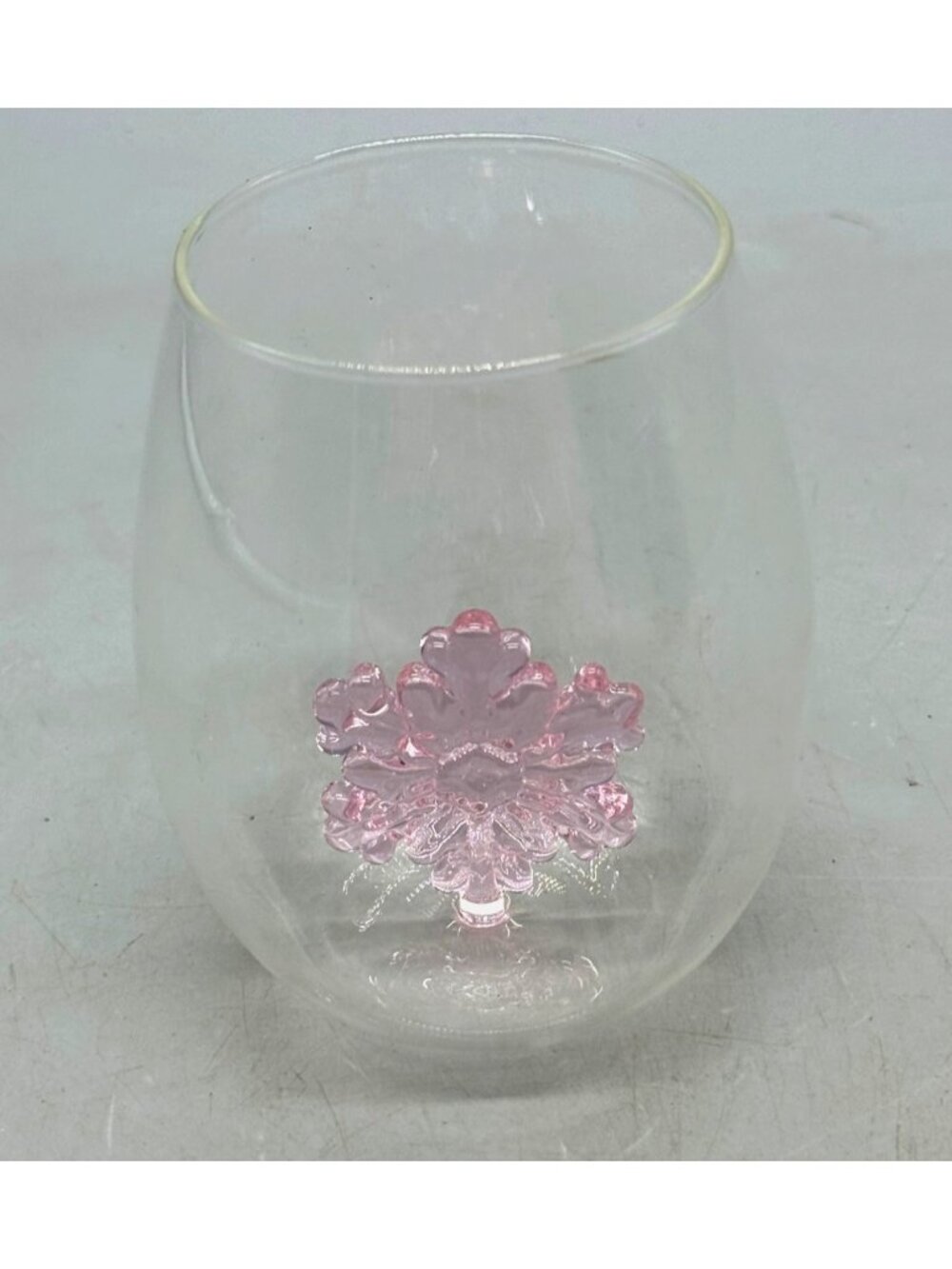 Unique Clear Glass Wine Tumbler With Pink snowflake inside Accent 4.25" READ